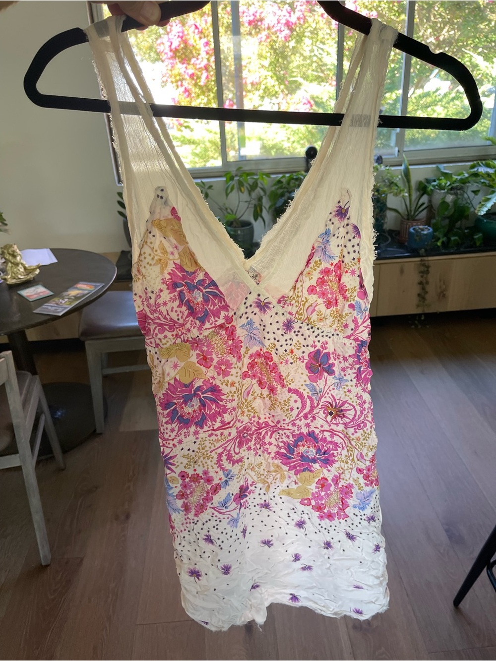Free People Intimately White Floral V‑Neck Mini Dress with Pink & Gold Accents